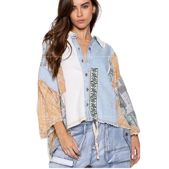 Kari’s Fashion Tops - 133. Women’s Light Denim Multi Patchwork Oversized Top Shacket